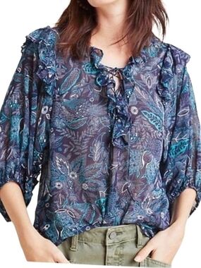 Anthropologie Navy & Teal Floral Ruffled Tie-Neck Blouse